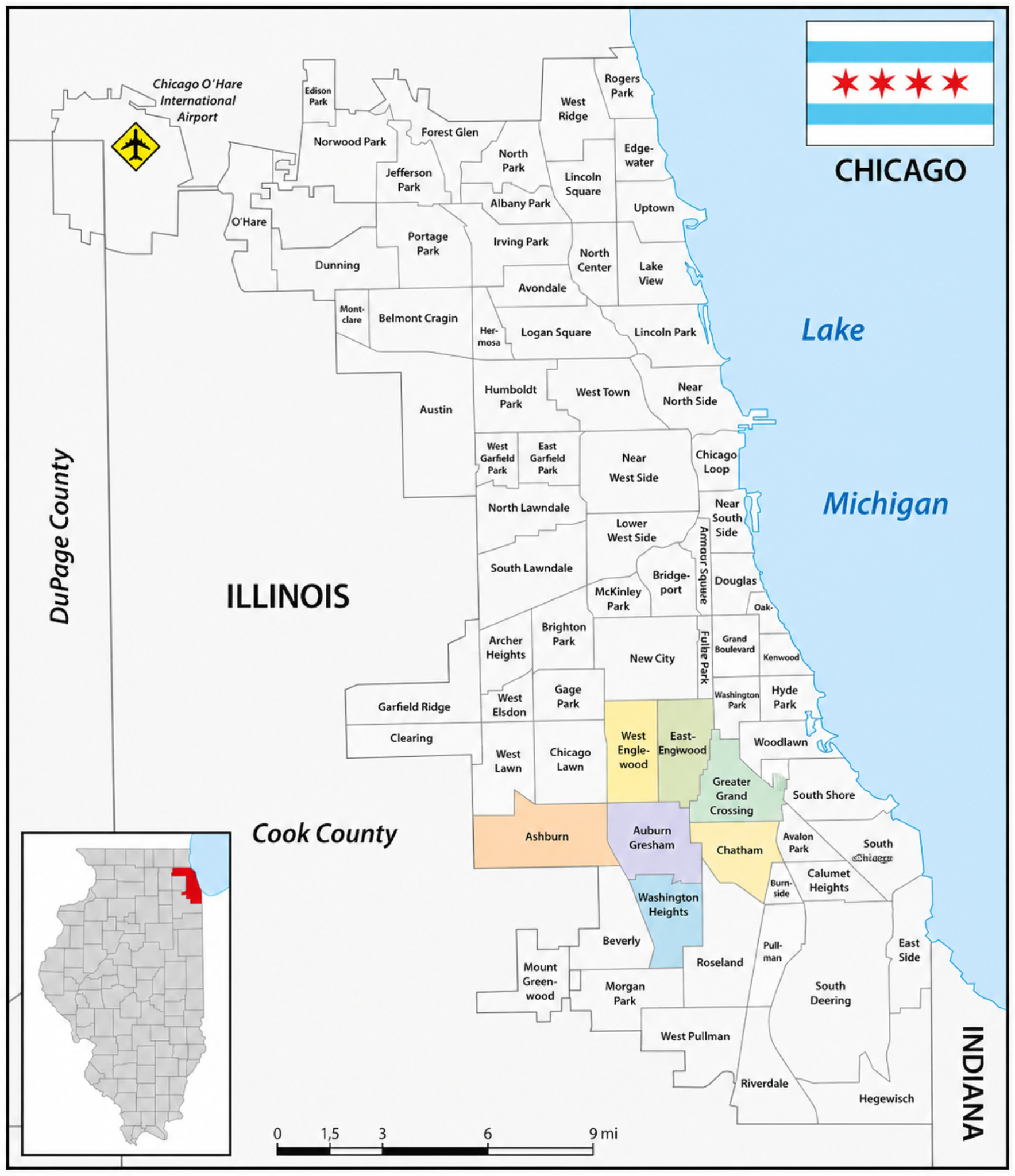 Chicago community map highlighting Ashburn, Auburn Gresham, Washington Heights, West Englewood, Englewood and East Englewood, Greater Grand Crossing, and Chatham